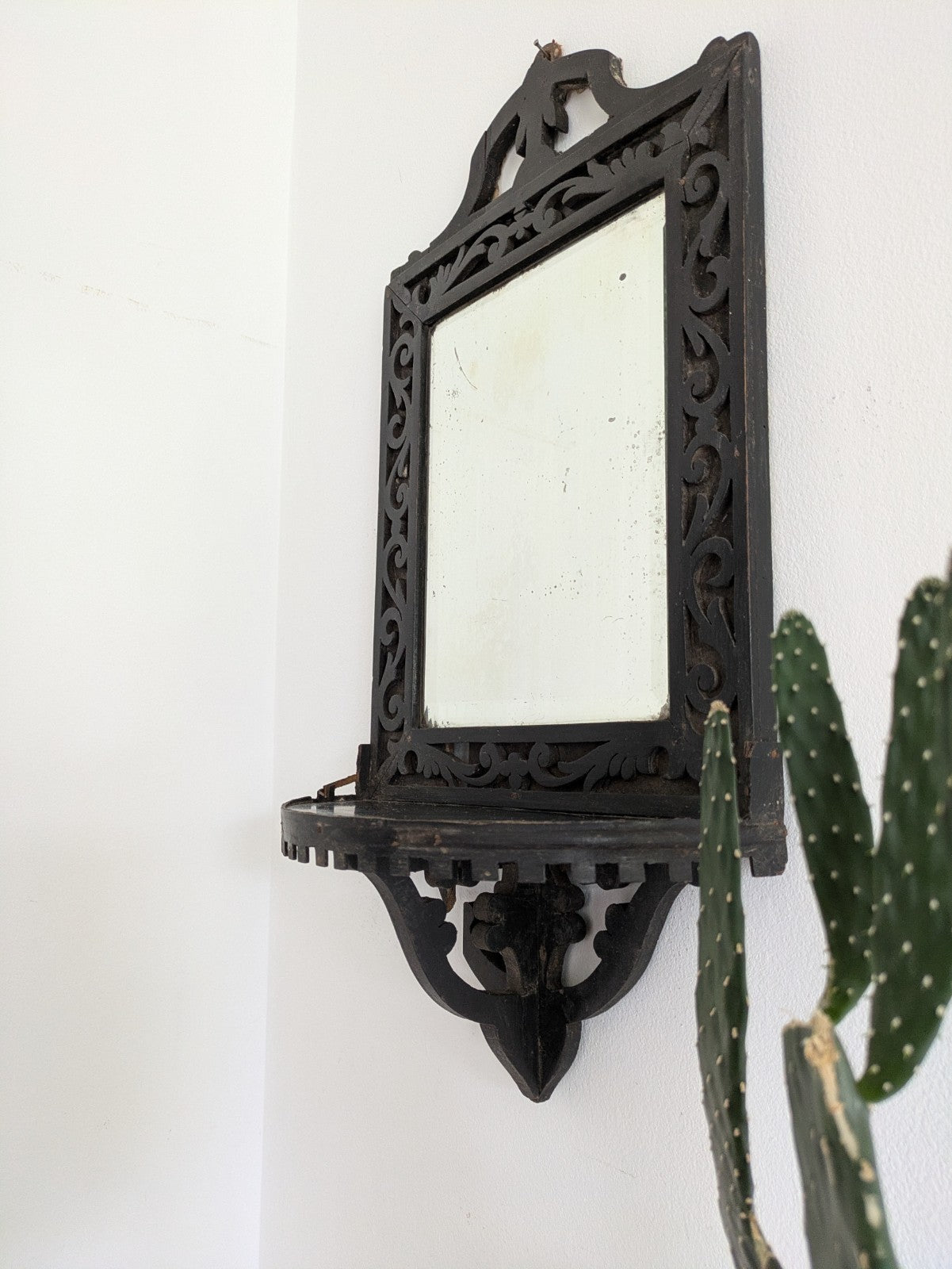 Antique 19th Cent Victorian Ebonised Wood Wall Sconce Mirror Glass Candle Shelf