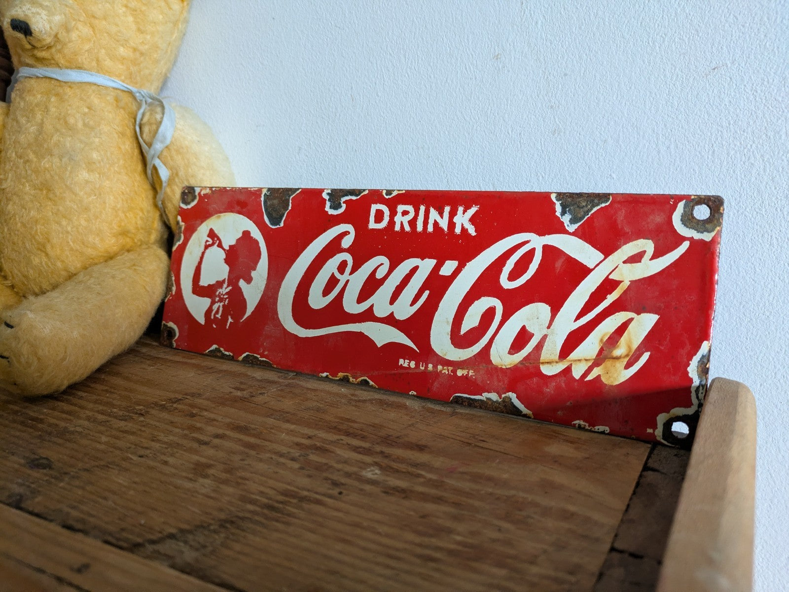 Vintage PORCELIAN COCA-COLA ENAMEL SIGN Small Advertising Metal Coke Red Wall 
