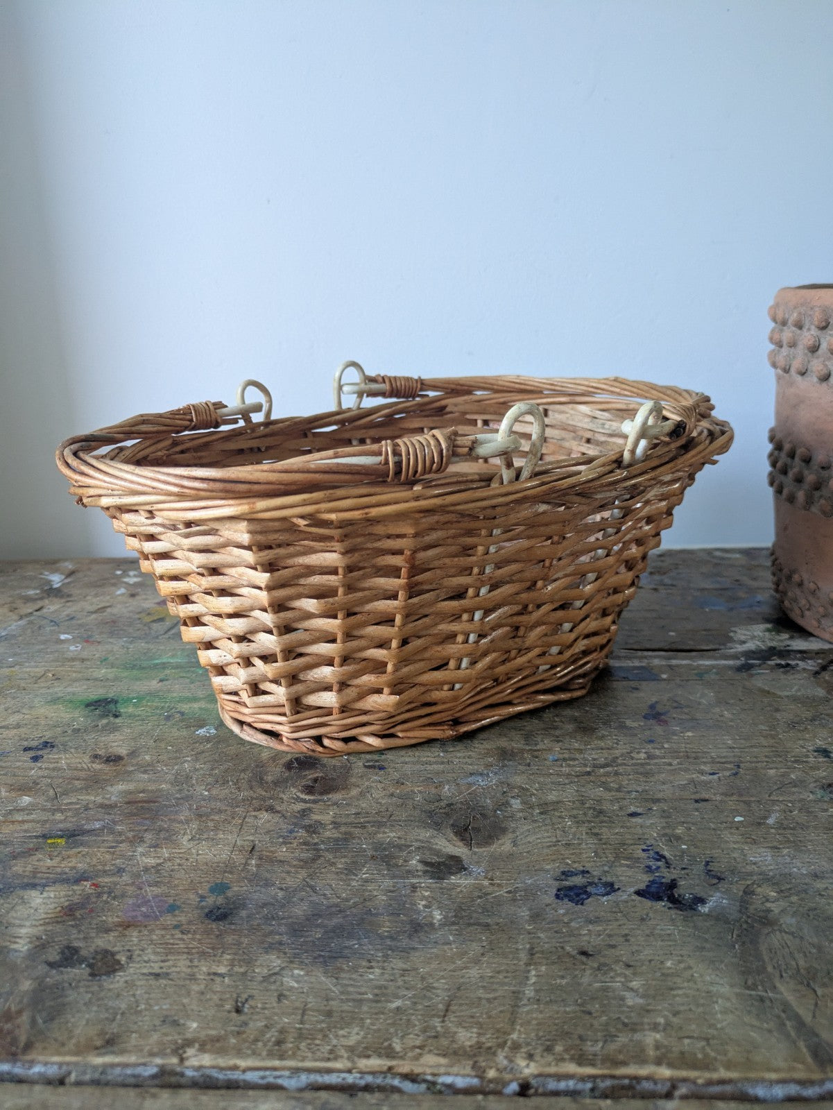 Vtg Wicker Shopping Basket with Handles Natural Farm Shop Display Storage Garden