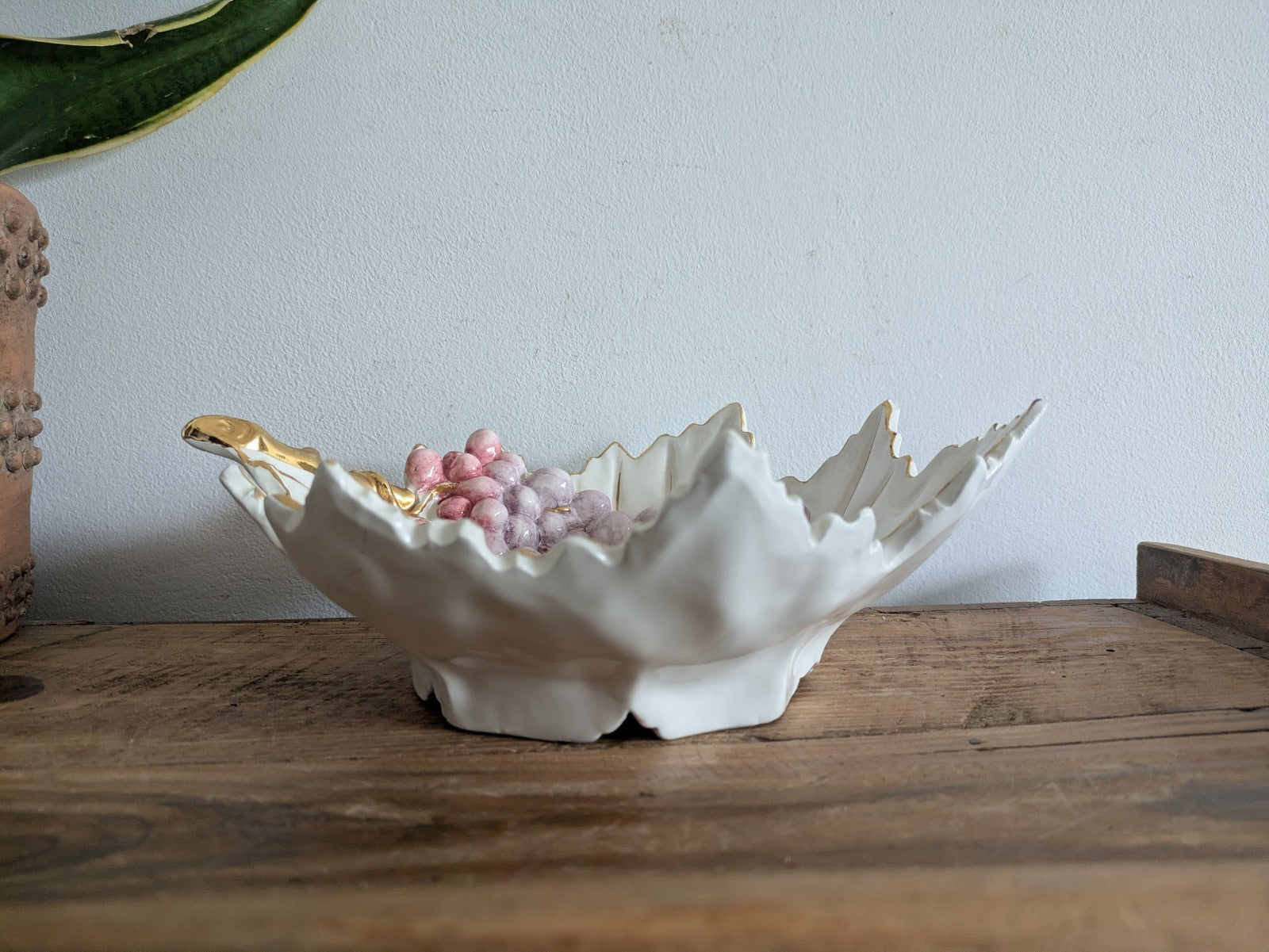 Vintage Majolica White Leaf & Grape Bowl Italy Platter Gilt Painted Capodimonte 