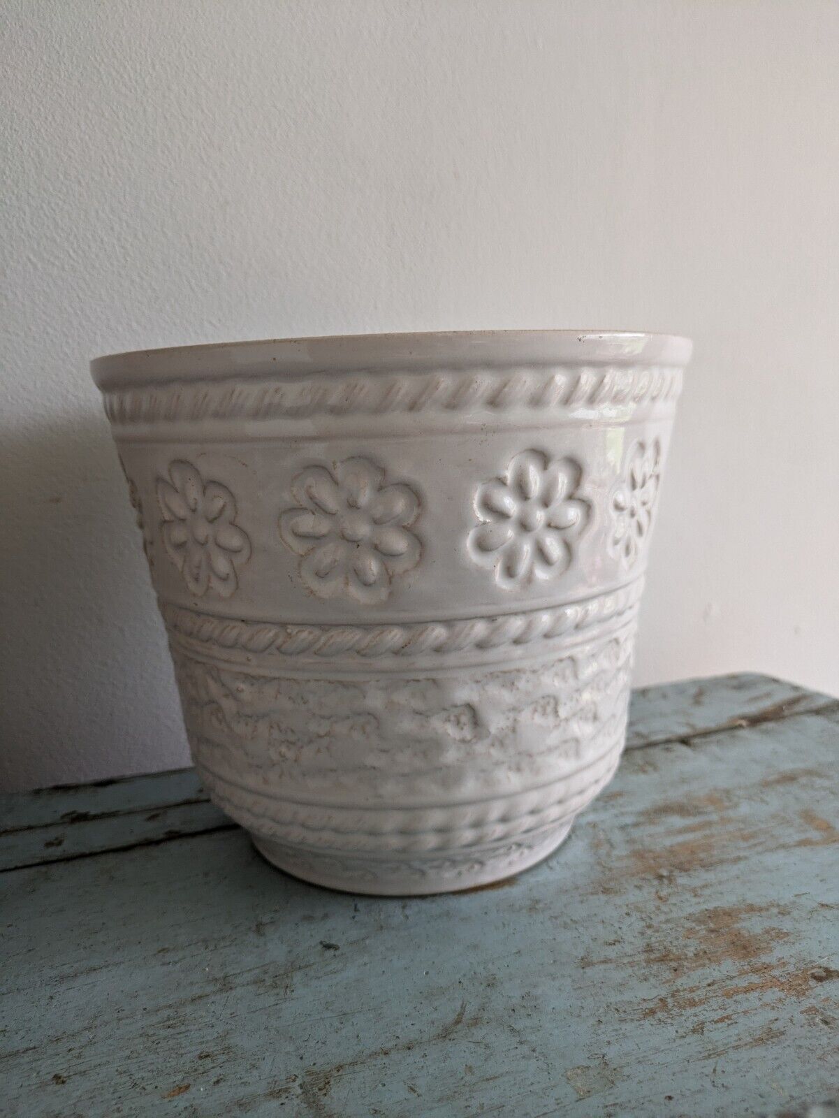 XL Mid Century West German Plant Pot Bay Keramik White Brown Floral Pattern Vtg
