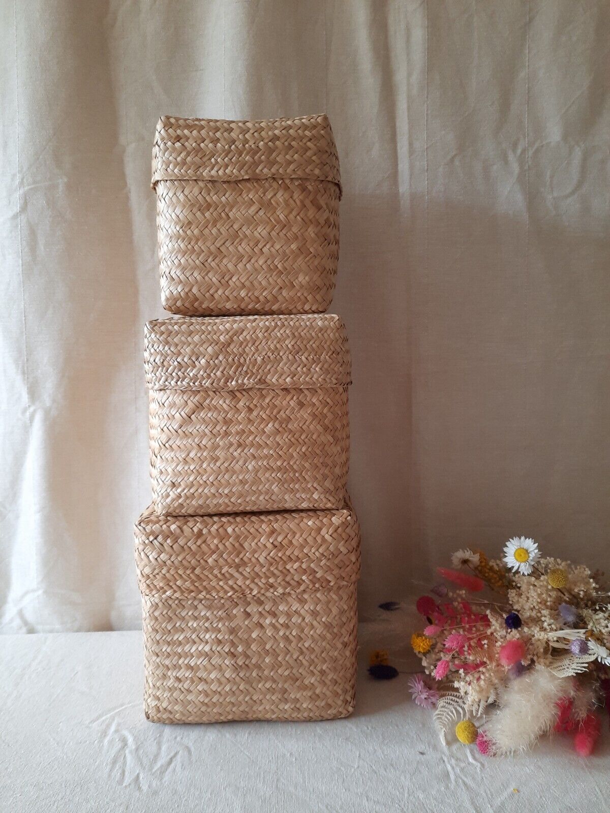 Set Of 3 Wicker Cane Woven Nested Storage Baskets Boxes Stacking graduated squar