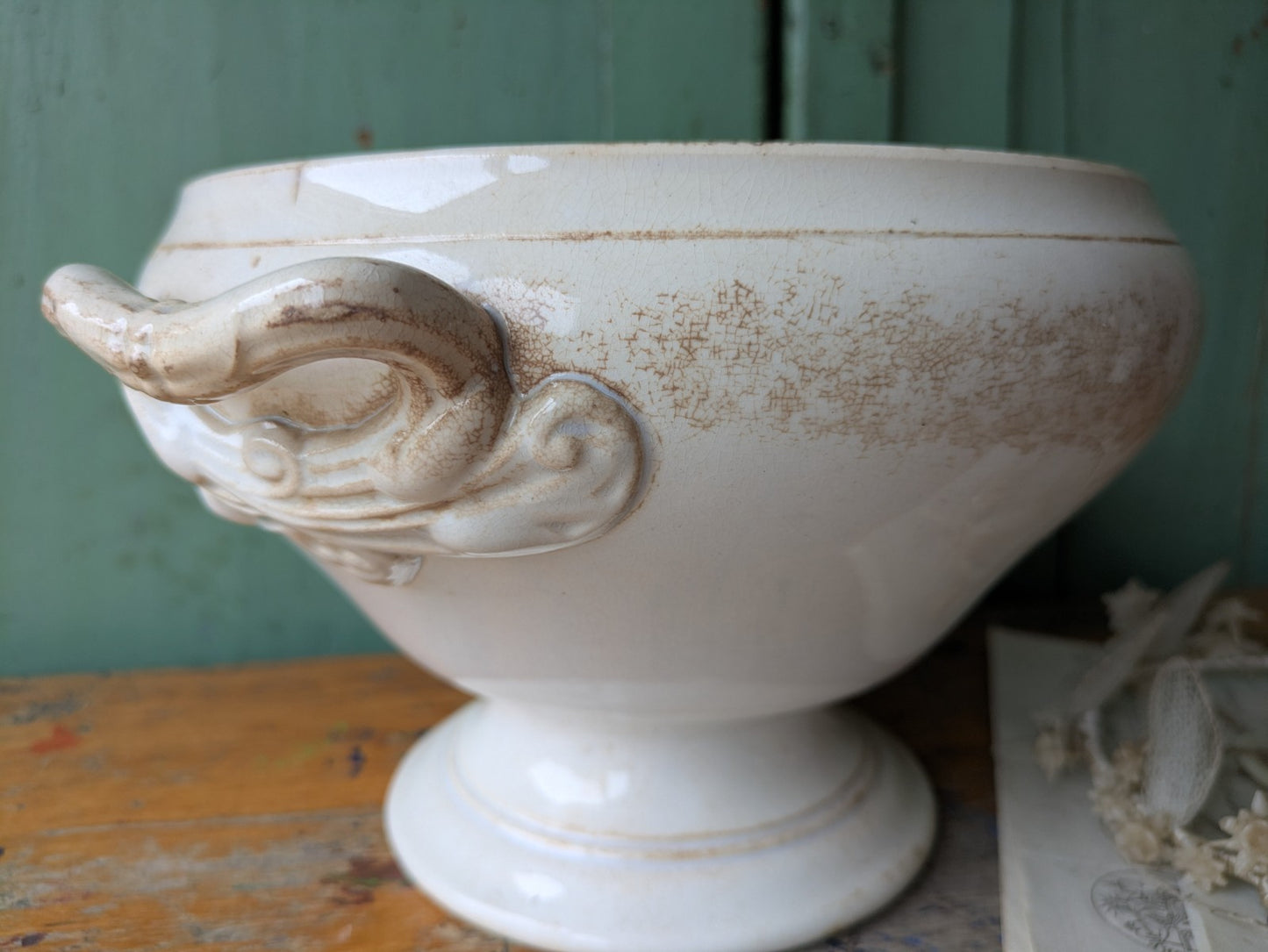 Antique French Faience Soup Tureen/ Soupiere Opaque De Sarreguemines Crazed Rare