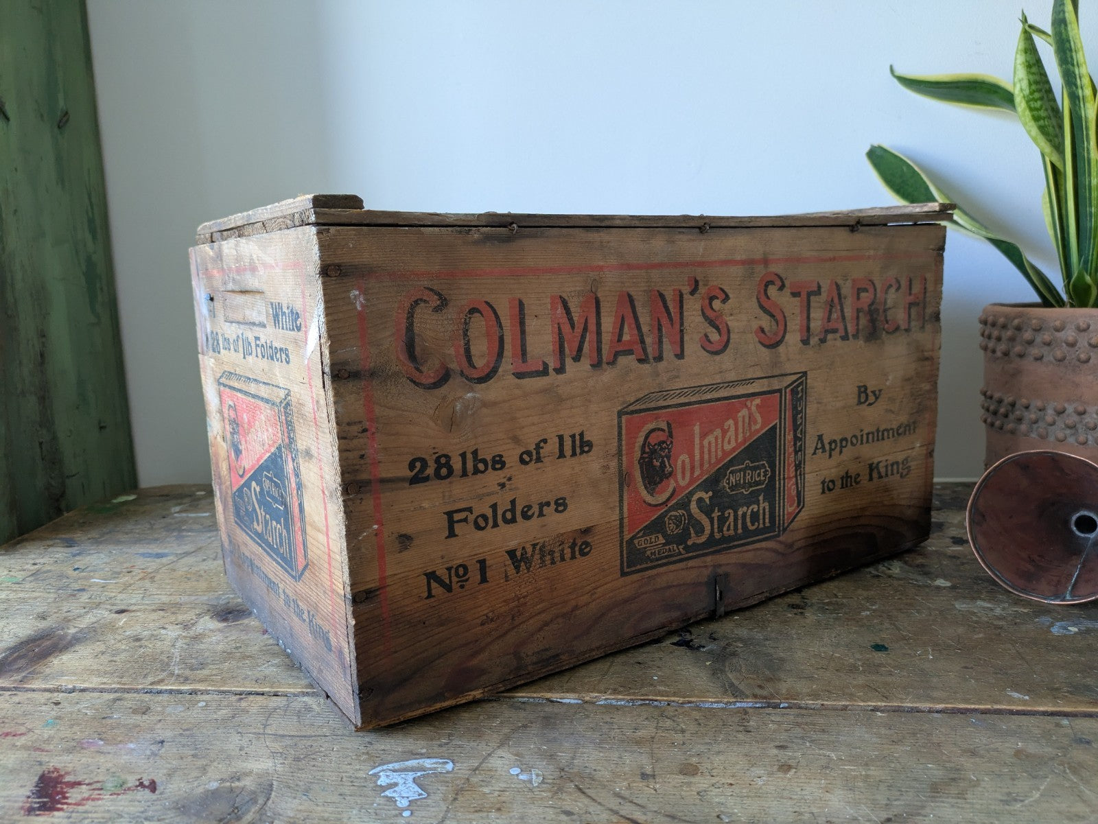 Antique Colmans Starch Printed Wooden Crate Original Large Vintage Advertising 