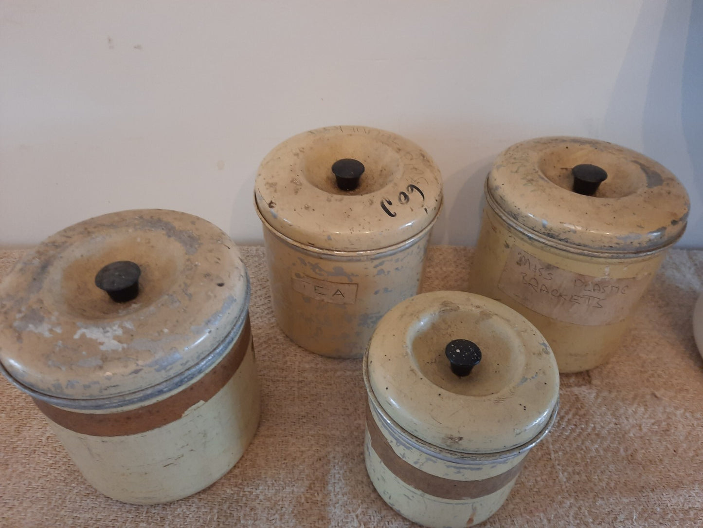 4x Vintage 1950s Cream distressed Garrison Ware Canisters Storage Tea metal retr