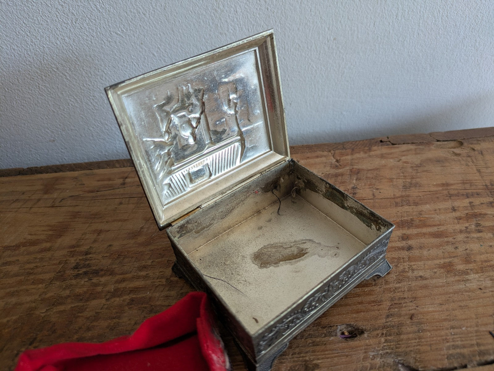Vintage Japanese Footed Metal Jewelry Trinket Box Silver Tone Red Velvet Lining