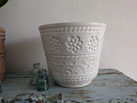 XL Mid Century West German Plant Pot Bay Keramik White Brown Floral Pattern Vtg