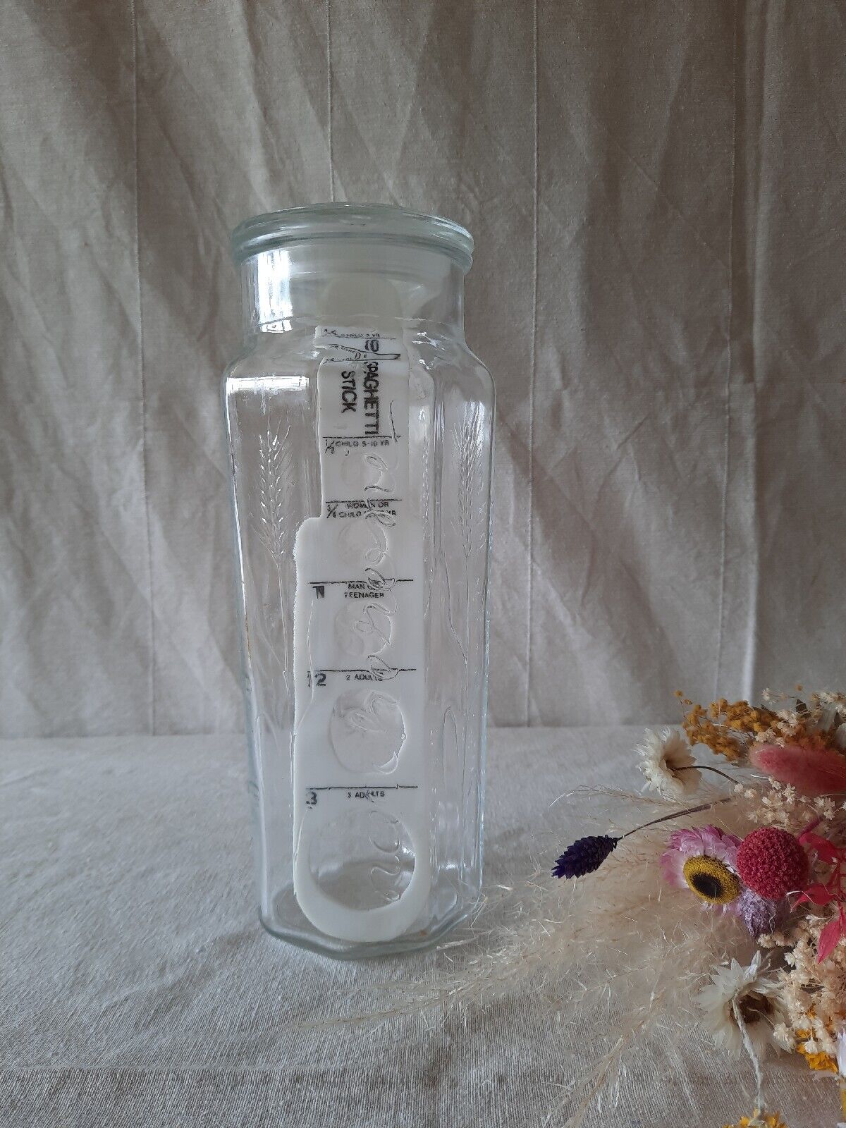 Retro Vintage Embossed Glass Spaghetti/Pasta Storage Jar Tall Linguini Container