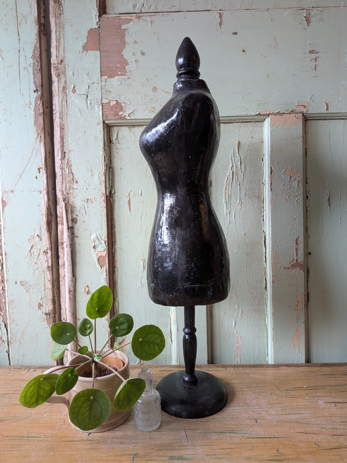 Vintage Miniature Female Black Mannequin Torso Full Body Dress Form with Stand