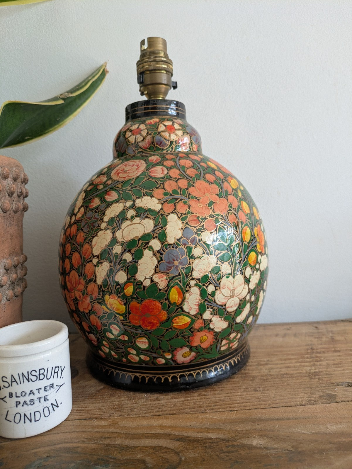 Lamp Base Vintage Kashmiri Indian Lacquer Papier Mache Gilded Flower Cloisonne