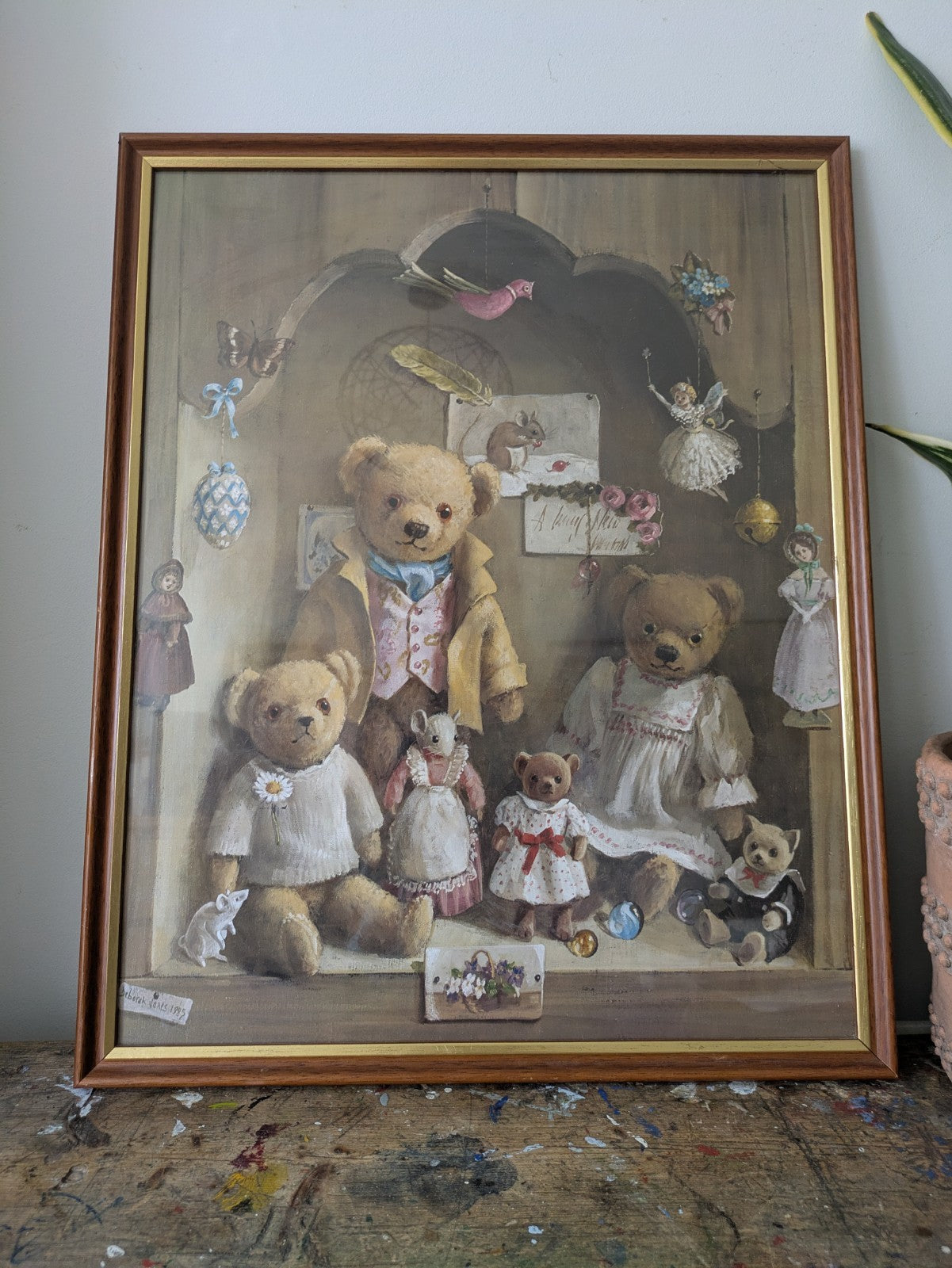 Large Vintage Deborah Jones Teddy Bear Print Framed Nursery Toys Child's Room 