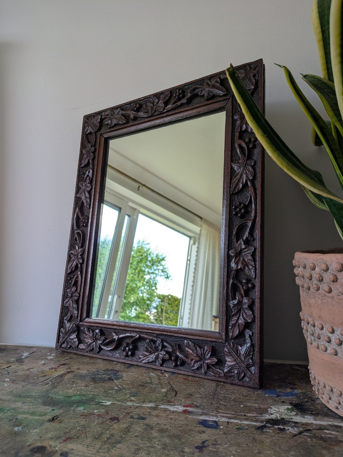 C1890 Victorian Rectangular Mirror Antique Oak Hand Carved Frame Berries Leaves