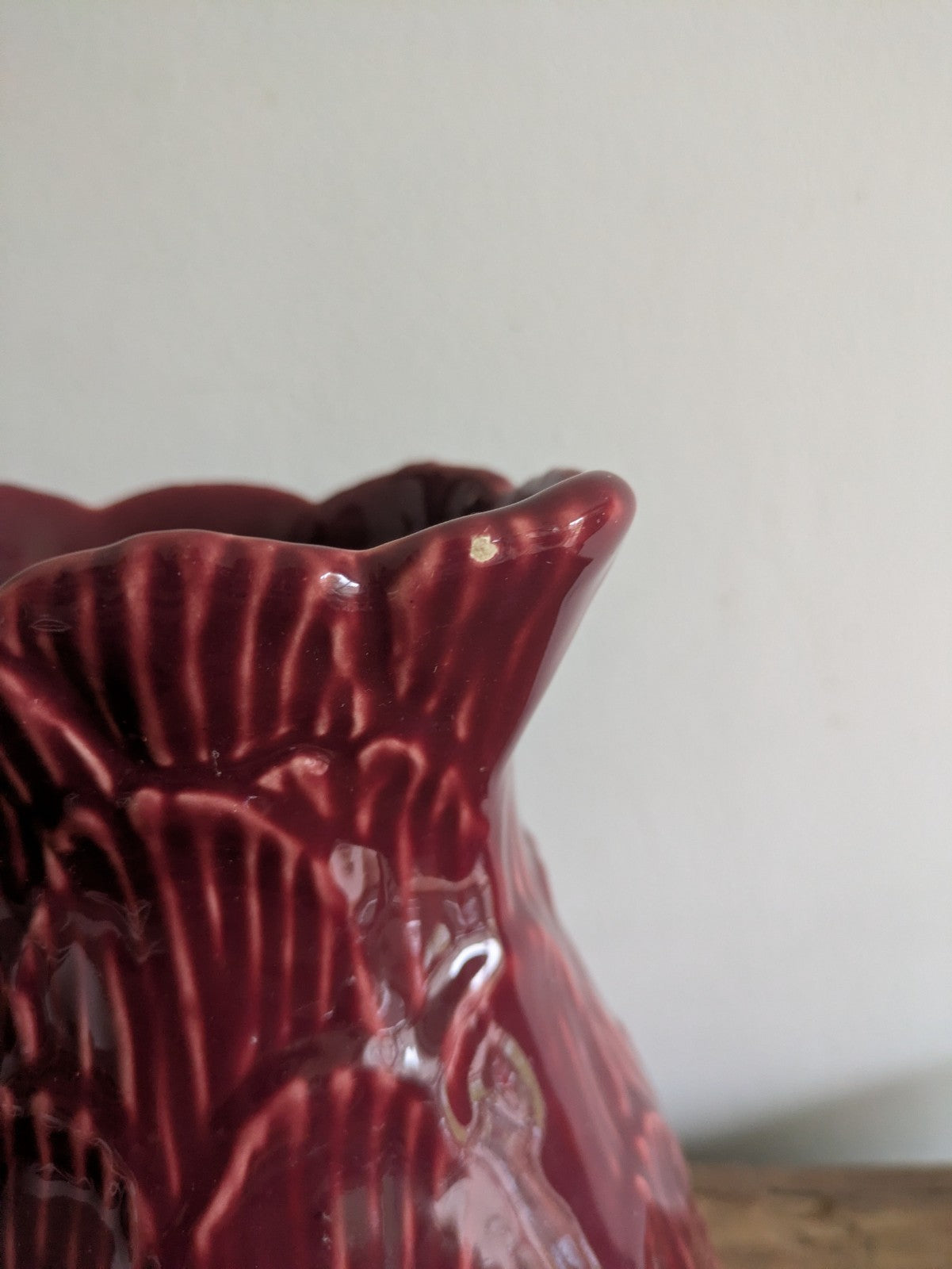 Olfaire Made In Portugal Burgundy Cabbage Majolica Pitcher Vintage MCM Vase Rare