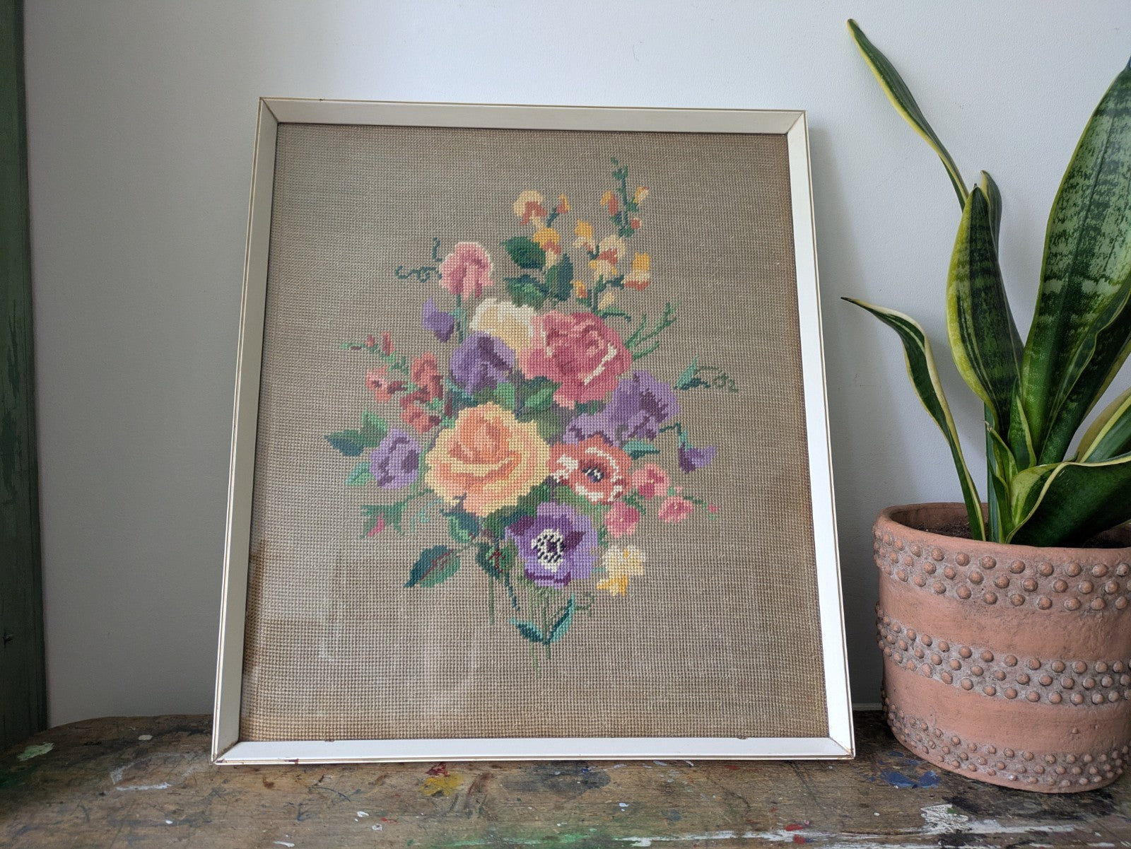 Vintage Handmade Completed Needle Point Tapestry Framed Floral Rose Bouquet Old