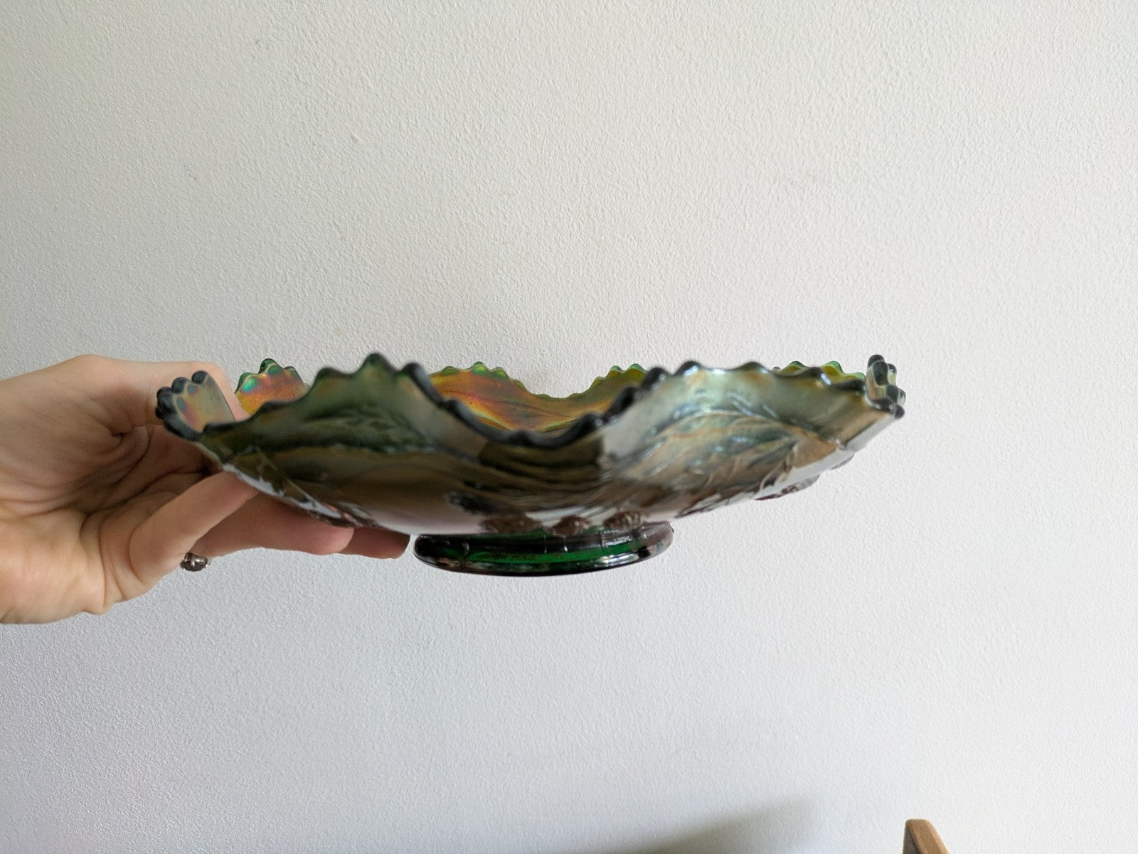 Fenton Peacock & Grape Green Iridescent Carnival Glass Ruffled Bowl Antique Rare