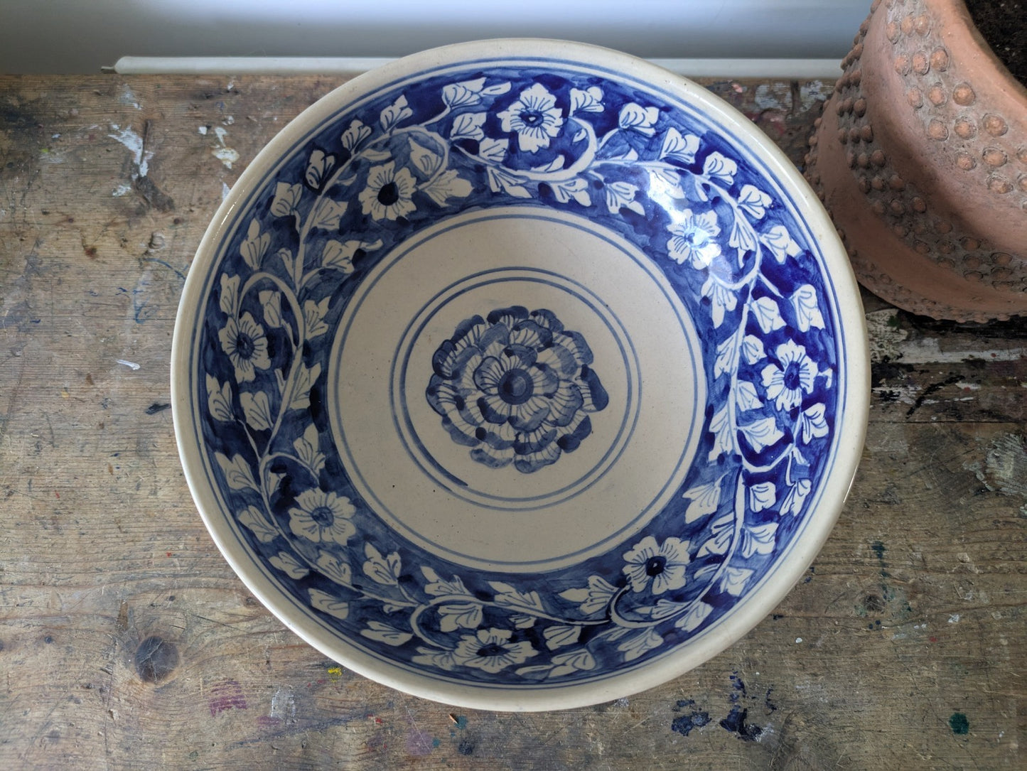 Asian Blue and White Ceramic Fruit Bowl Serving Dish Footed Raised Pedestal Vtg