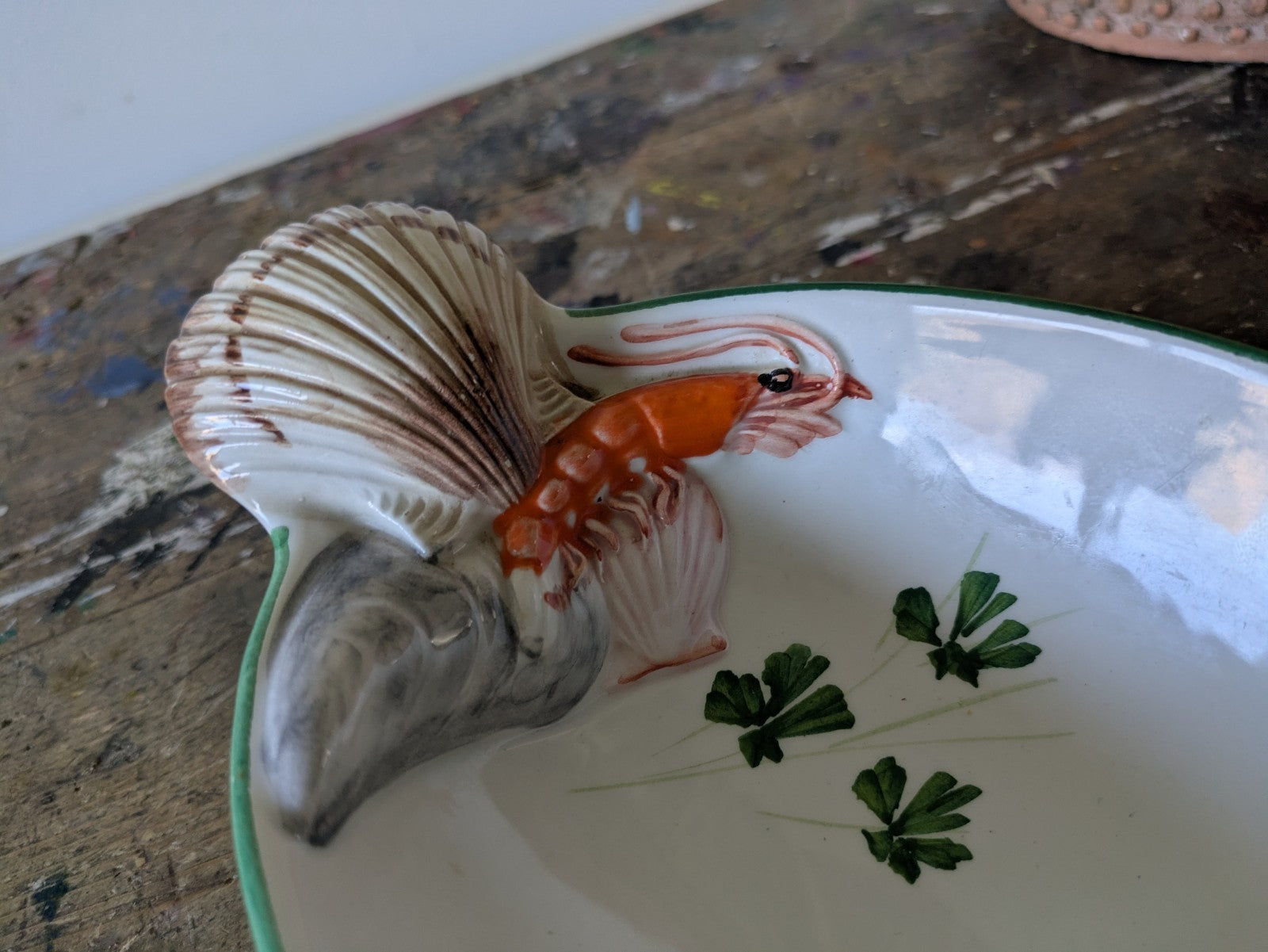Handmade Italian Lobster Shell Scallop Majolica Oval Porcelain Serving Dish Bowl