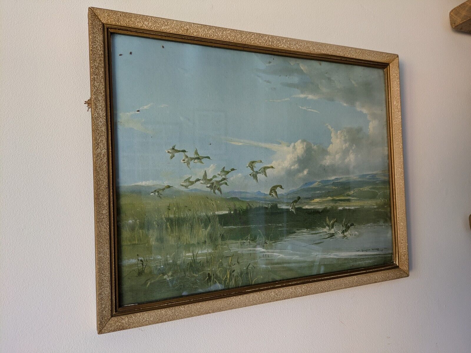 Vintage Vernon Ward Print Framed Art Painting The Flight Back 1945 Flying Ducks