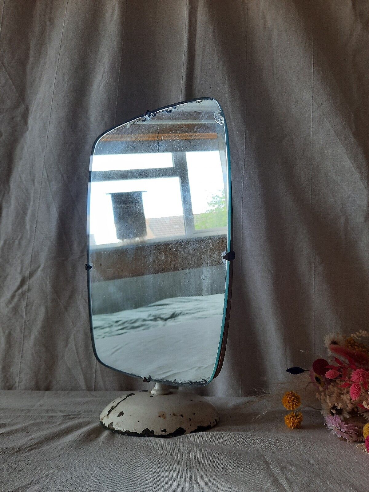 Vintage Vanity Mirror Metal Chippy Table Top Asymmetric old Retro Midcentury 