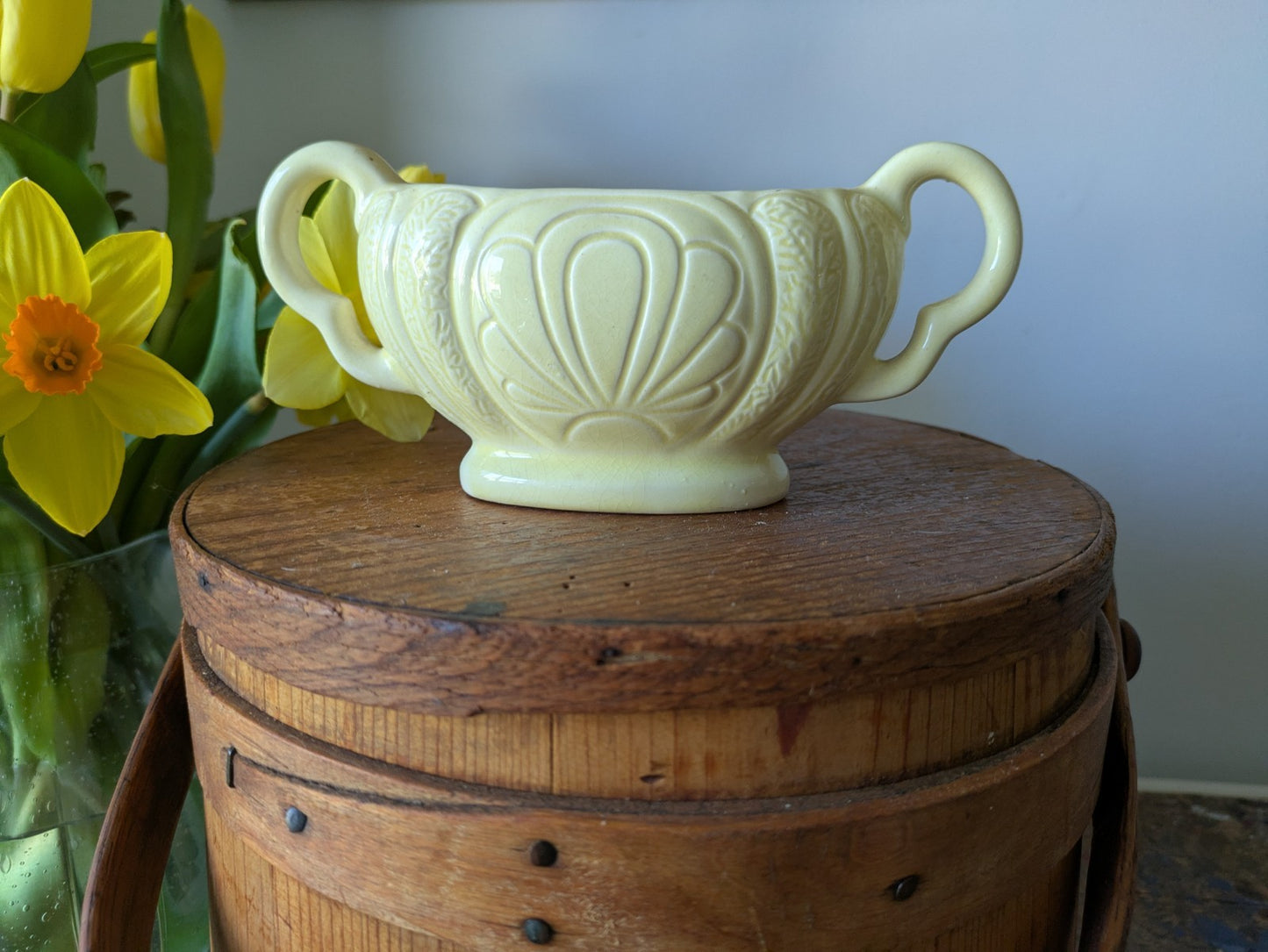 Vintage England PPC Pottery Art Deco Trophy Mantle Vase Mini Small Yellow Plant