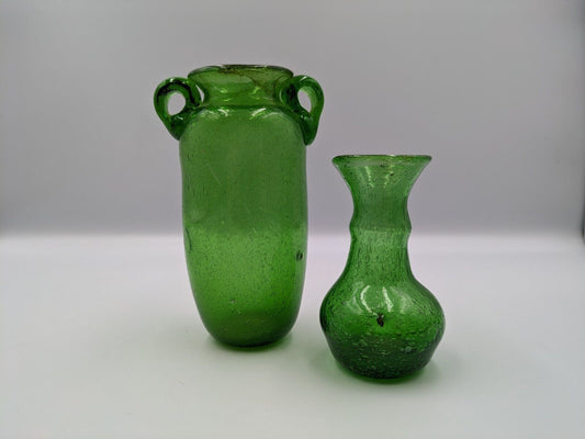2x Vintage Emerald Green Bubble Glass Miniature Windowsill Vases Hand blown Rare
