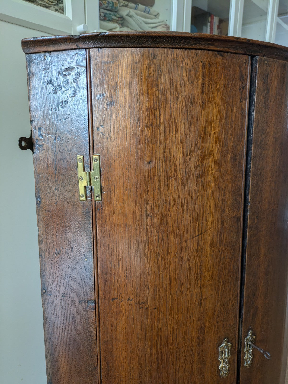Antique Georgian Bow Fronted Wall Hanging Corner Cabinet Cupboard Shelves Wooden