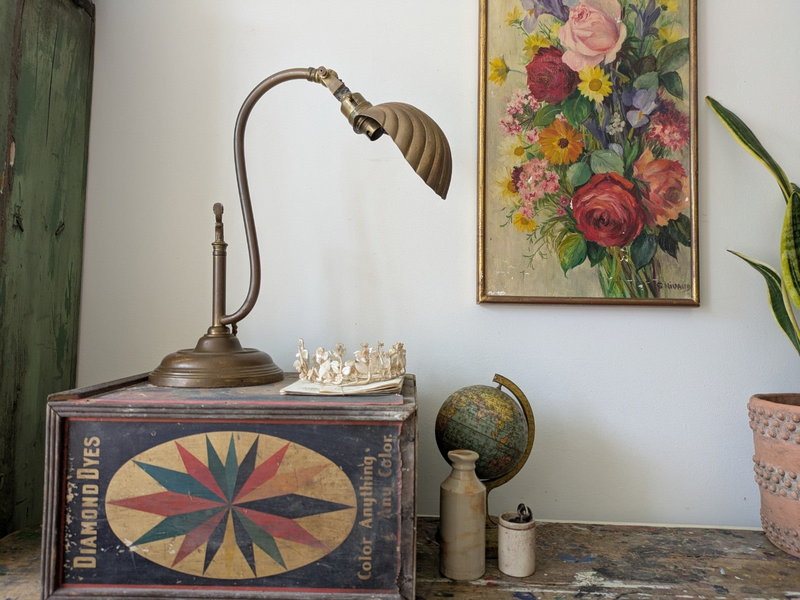 VINTAGE 1920s 30s ANTIQUE ART DECO BRASS SWAN NECK SHELL CLAM DESK LAMP WORKING!