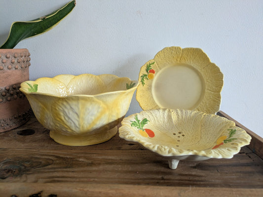 Falcon Ware Yellow Fruit Bowl Leaf Plate Painted Fruits Spring Art Deco Sieve