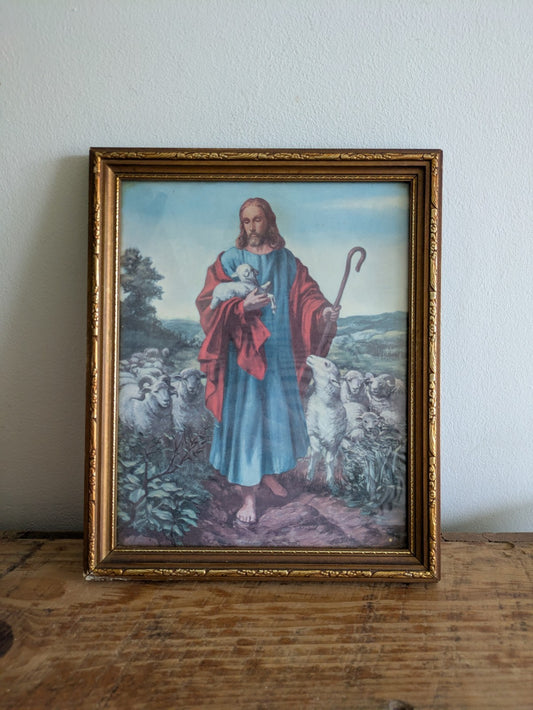 The Good Shepherd Vintage Framed Print  Jesus Christianity Picture Art Wall Vgc