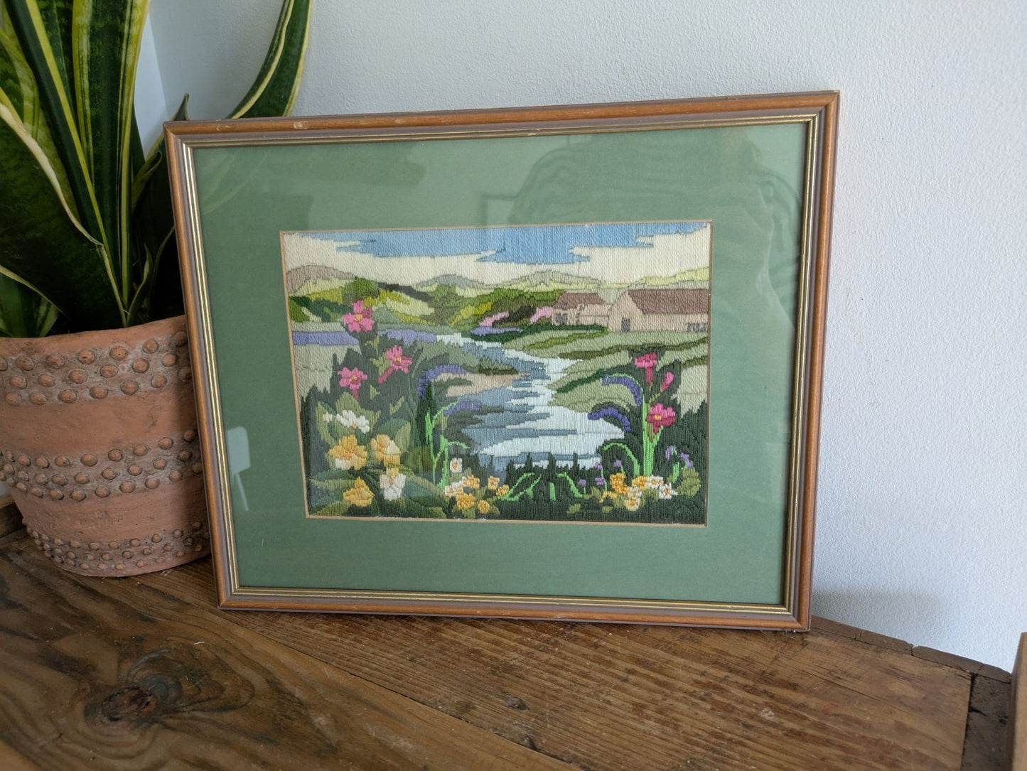 Country Side Embroidery Long Stitch Tapestry Picture Vtg River Floral Landscape
