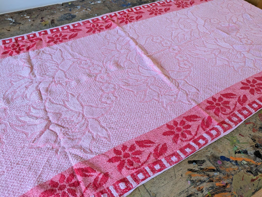 1 Vintage Towel Floral Red Retro Bath bathroom prop Midcentury Pink Cotton Old