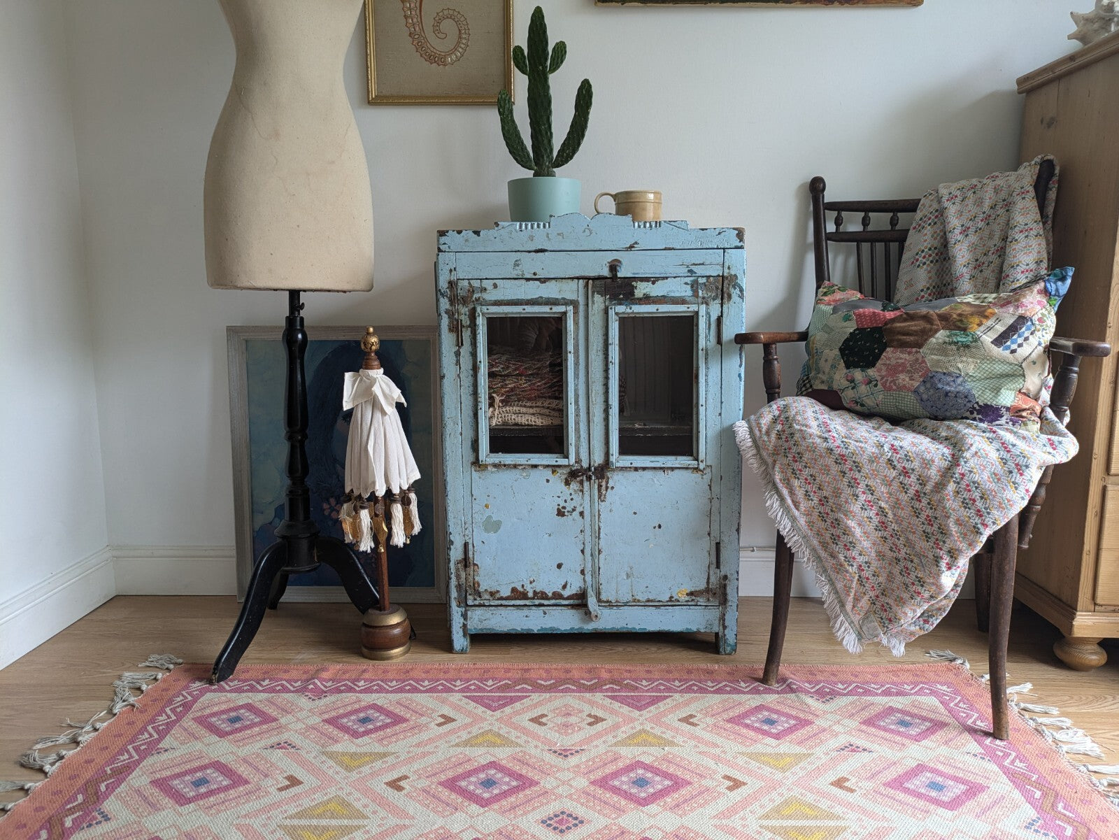 Small Antique Vintage Indian Cabinet Cupboard Painted Rare Glazed Blue Reclaimed