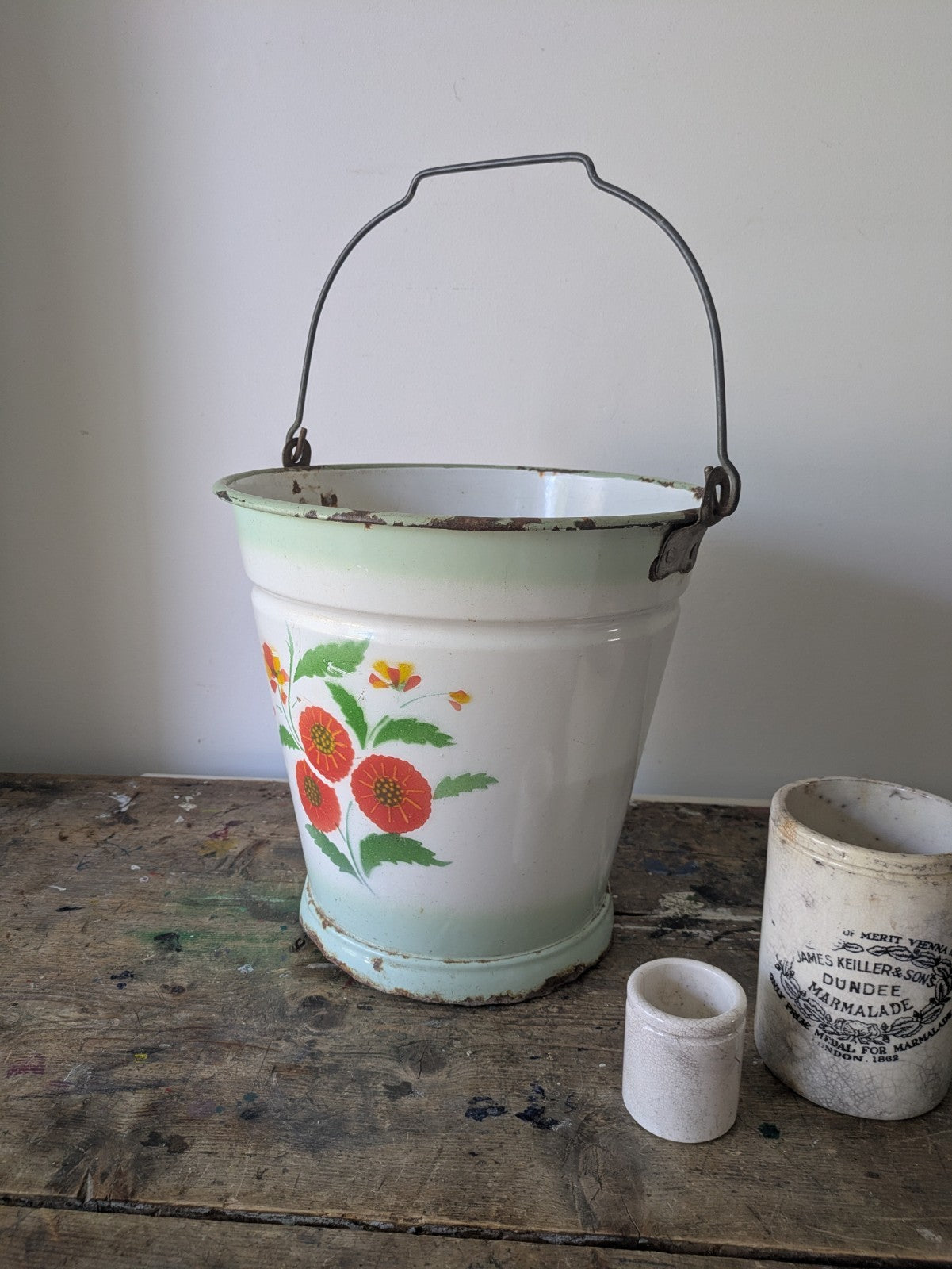 Antique White Enamel Floral Hungarian Bucket Prop Vintage Pail Garden Laundry Vg
