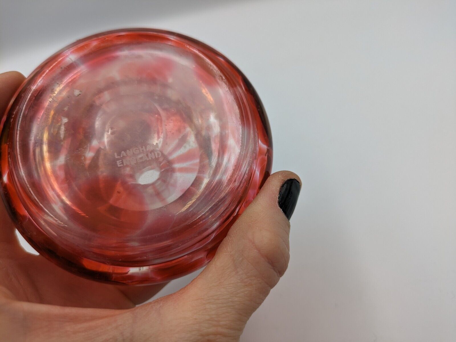 Vintage Red Mottled Langham Glass Perfume Bottle Shaped Rare Inkwell Art Prop