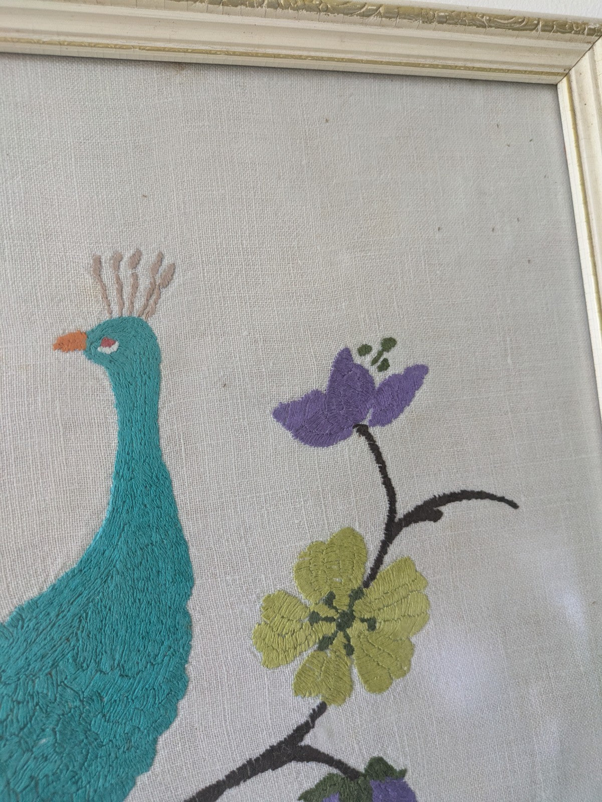 MID CENTURY FRAMED EMBROIDERY PEACOCK ON TREE BRANCH FLOWER LARGE VINTAGE RETRO