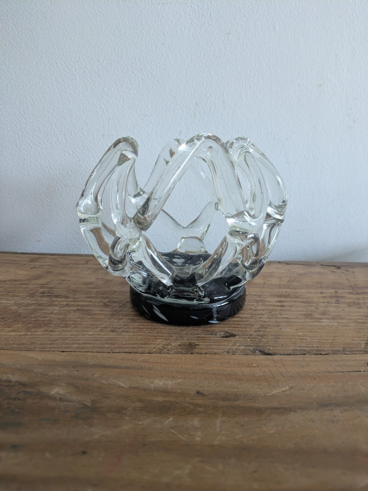 Vintage Murano Style Lattice Webbed Vase Glass Black Clear Centrepiece Bowl Vgc