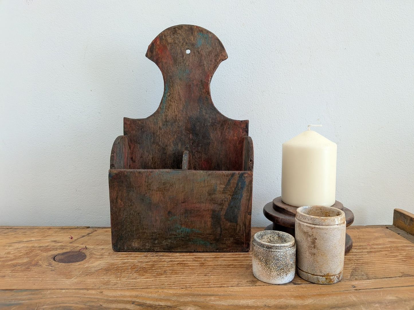 Rustic Wooden Country House Candle Box Wall Sconce Paint Brush Holder VTG Style 