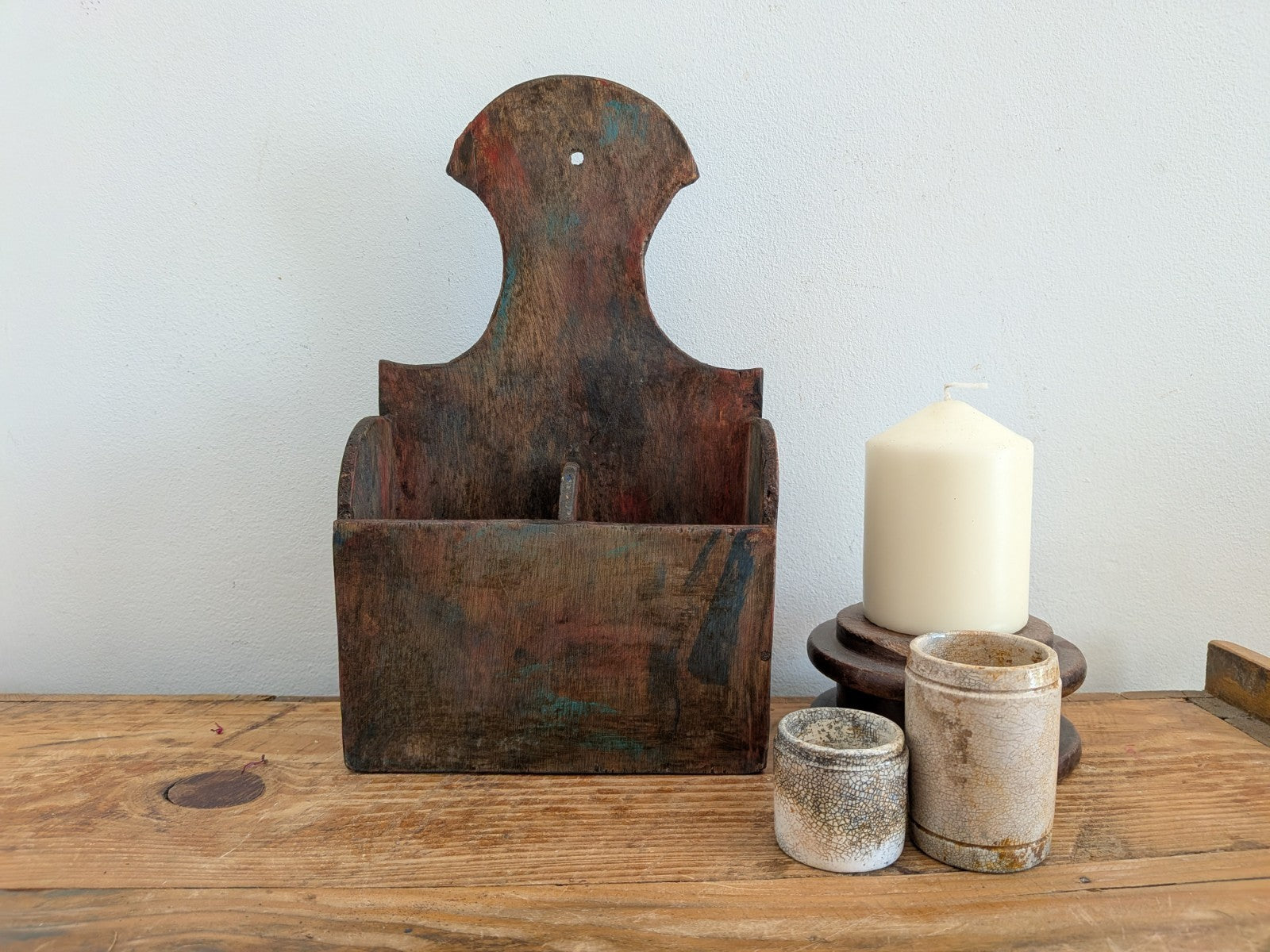 Rustic Wooden Country House Candle Box Wall Sconce Paint Brush Holder VTG Style 