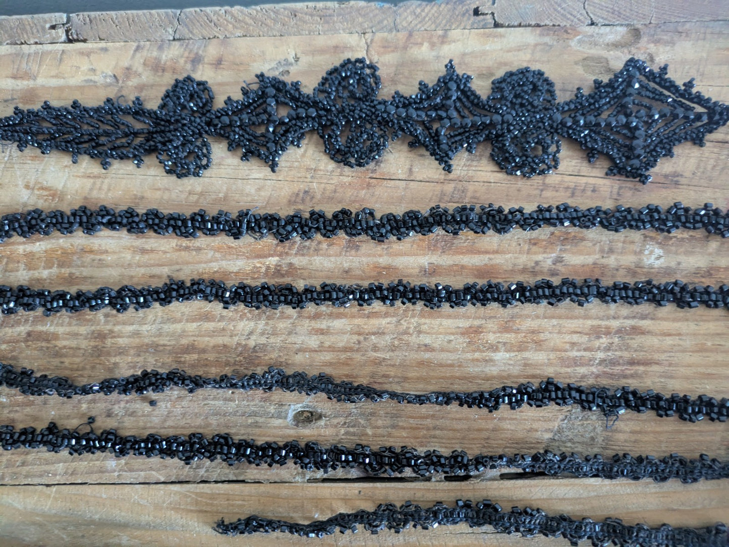 1800s Lot VICTORIAN TRIM Black Beaded Mourning Hand Sewn Applique Haberdashery 