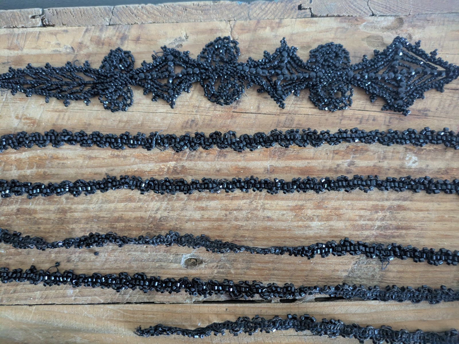 1800s Lot VICTORIAN TRIM Black Beaded Mourning Hand Sewn Applique Haberdashery 
