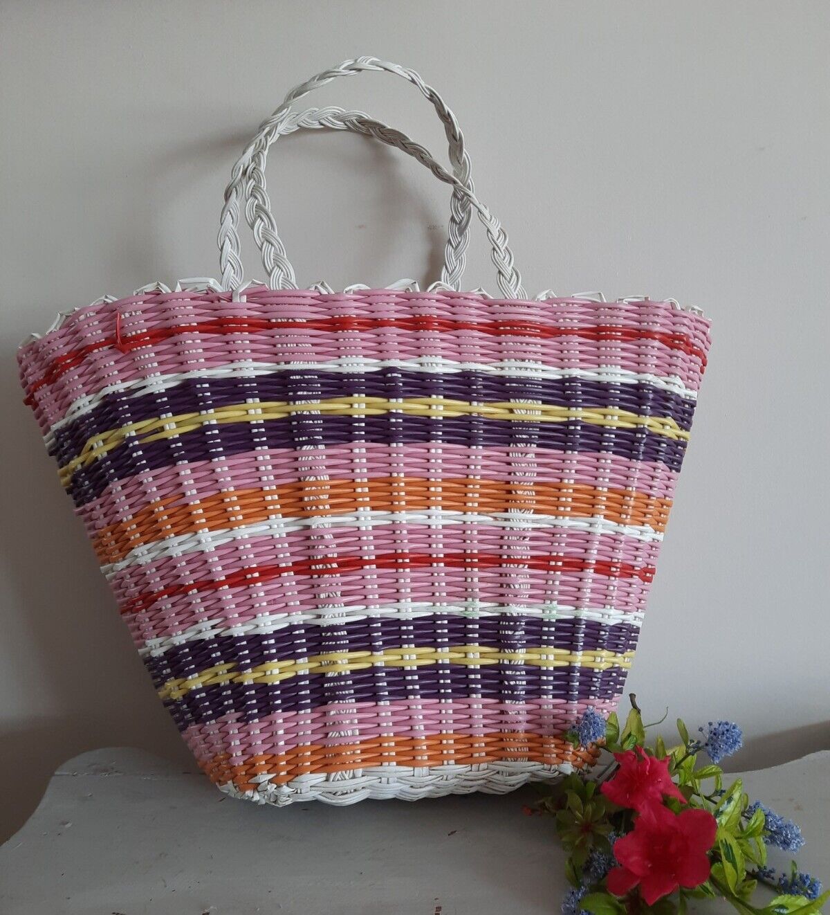 Vintage Woven retro large shopping basket flower handbag plastic bag pink stripe