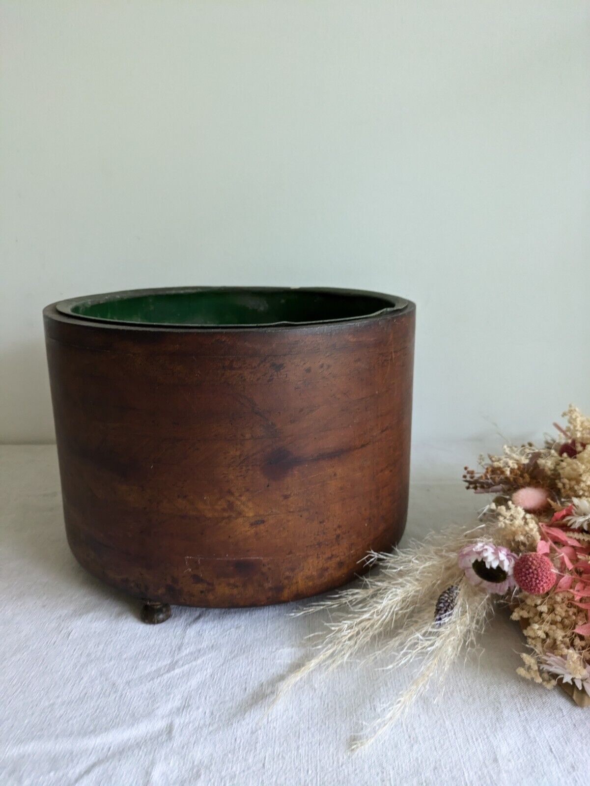 ANTIQUE BENTWOOD LINED WOOD ROUND WOODEN PLANTER PLANT POT TREEN VTG JARDINERE