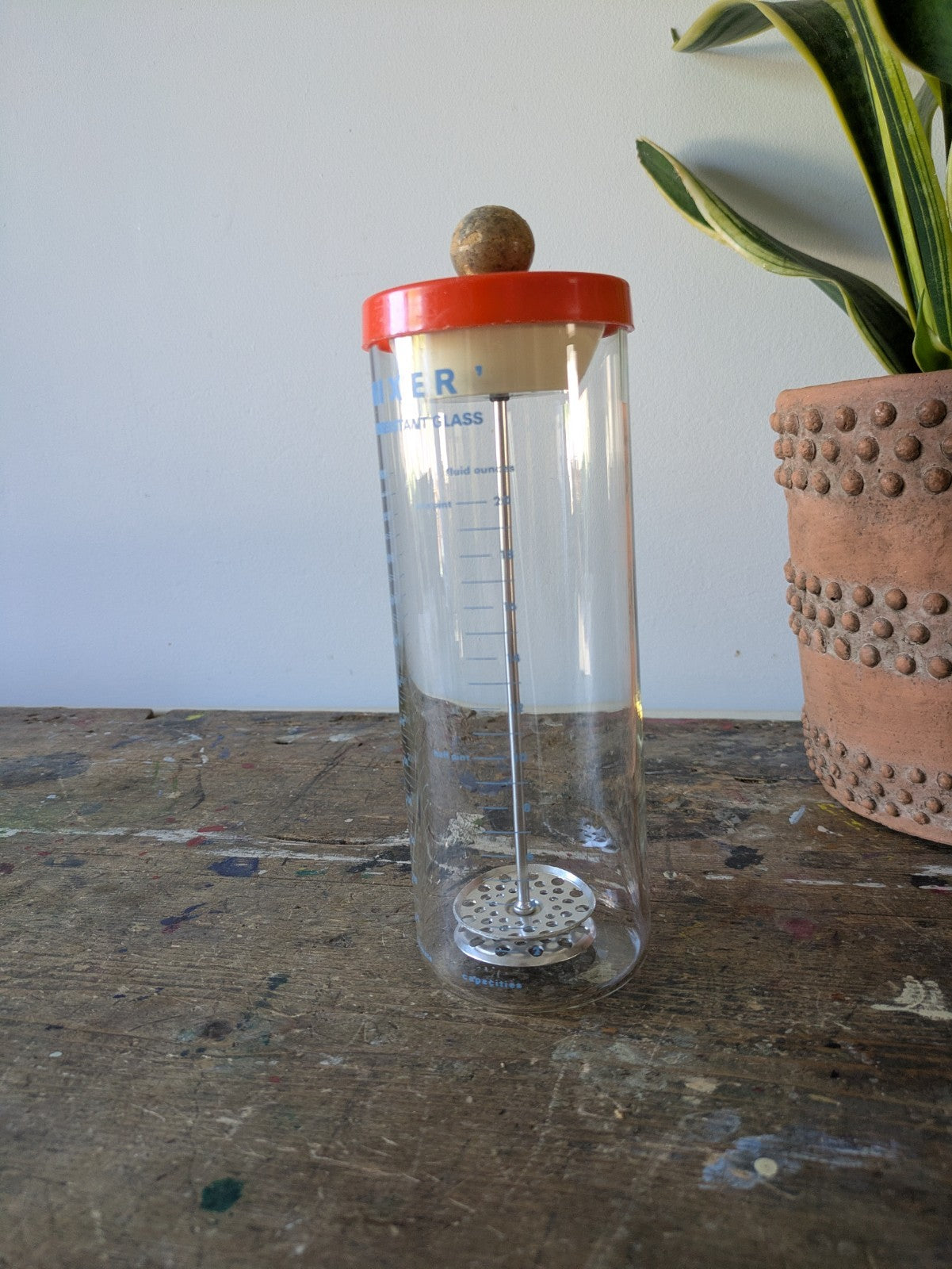 Vintage Retro Pyrex Heat Resistant Glass Mixer Hot Drinks Measure - Orange Lid