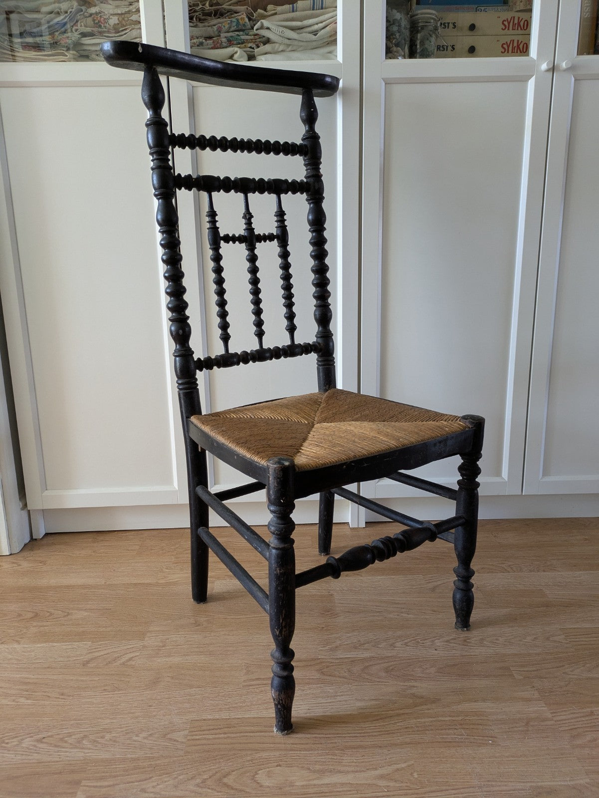French Antique Prie Dieu Prayer Chair Bobbin Back Rush Seat 19th Century Rare