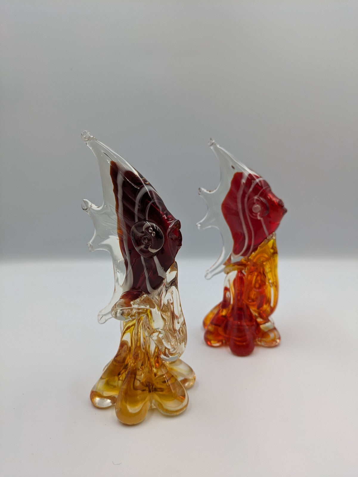 2x Glass Hand Blown Red Orange White Angel Fish Paperweight Figurine Art Deco