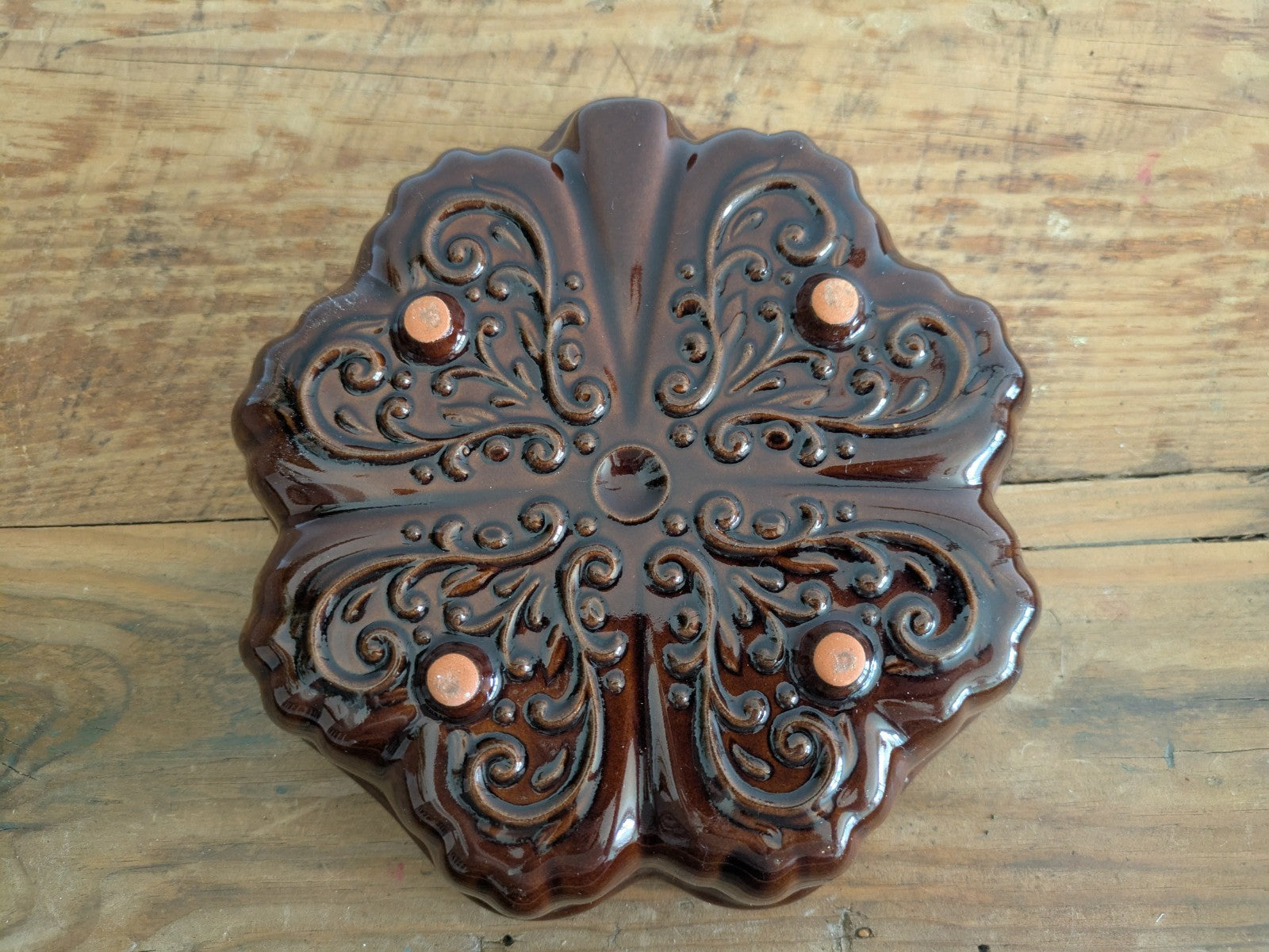 Keramik Germany 1 Backform Clover Leaf Pudding Brown Pottery Cake Mould Vgc Vtg
