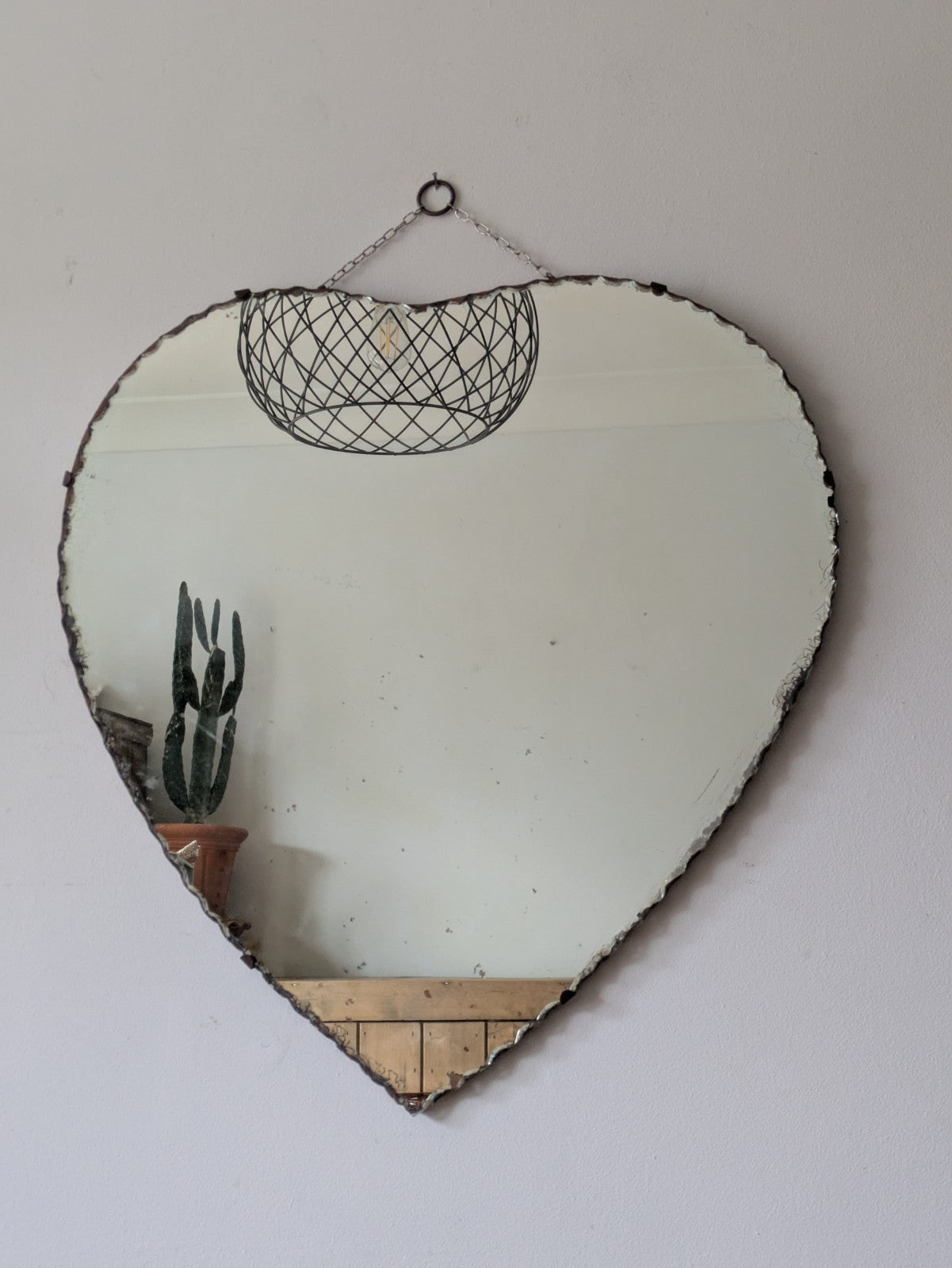 Large Antique Vintage Art Deco 1930s Heart Shaped Scalloped Mirror With Chain