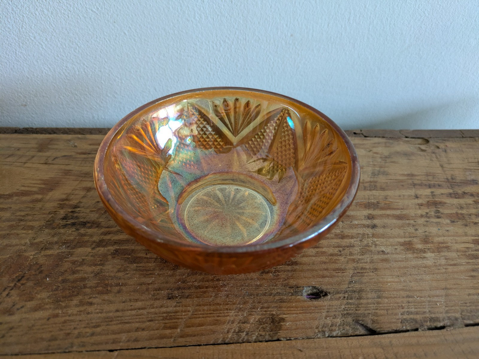 Small Fenton Marigold Carnival Glass Bowl Diamond And Fans Vintage Iridescent 
