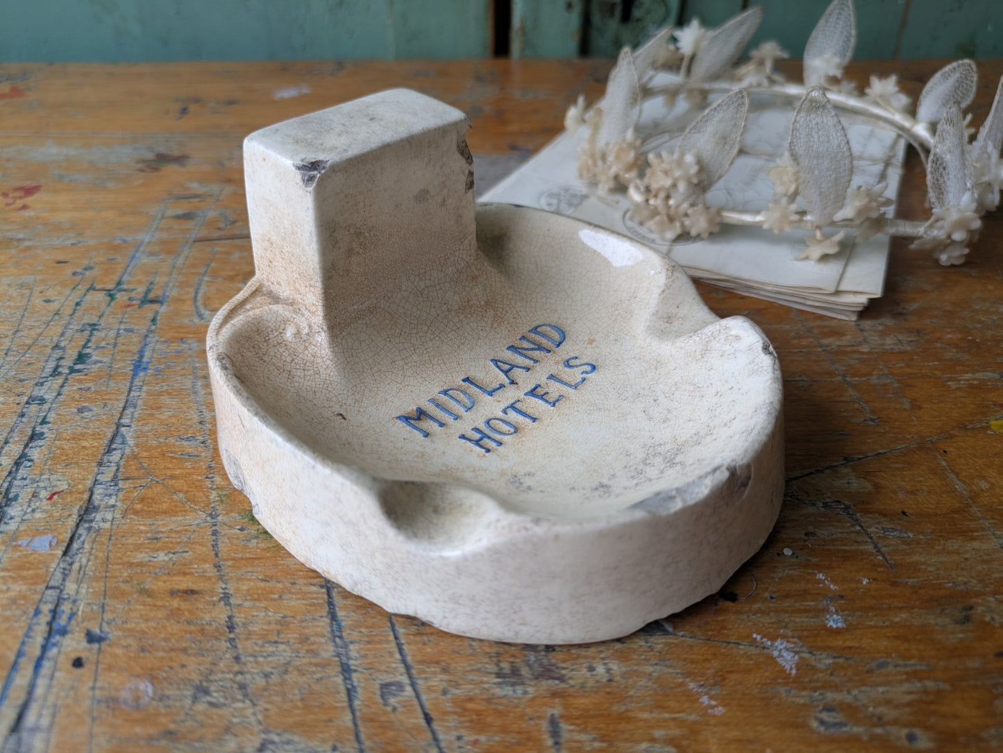 Antique Midland Hotels Ironstone Match Striker Ashtray Crazed Advertising Rare 