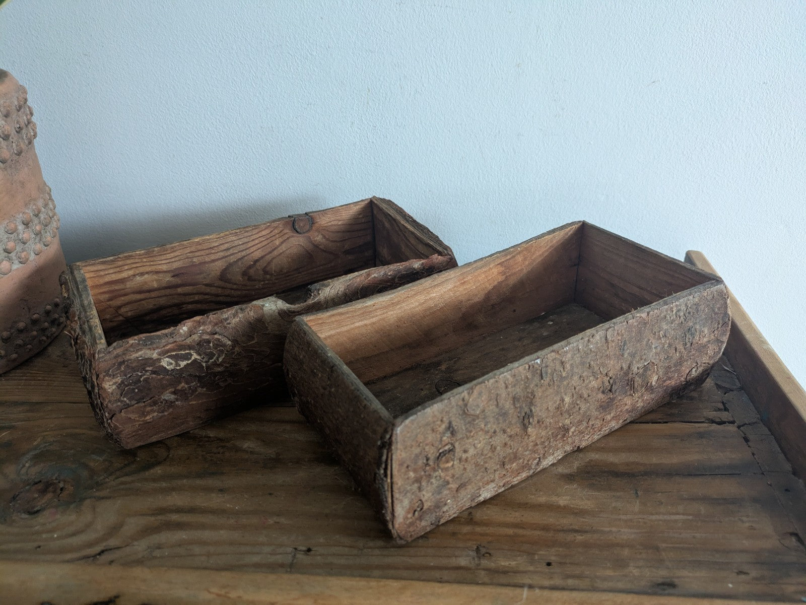 Pair Of Reclaimed Rustic Wood Handmade Box Planter Centerpiece Log Farmhouse Vgc